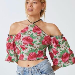 Anthro Frida Floral Puff Sleeve Halter Top Size Medium